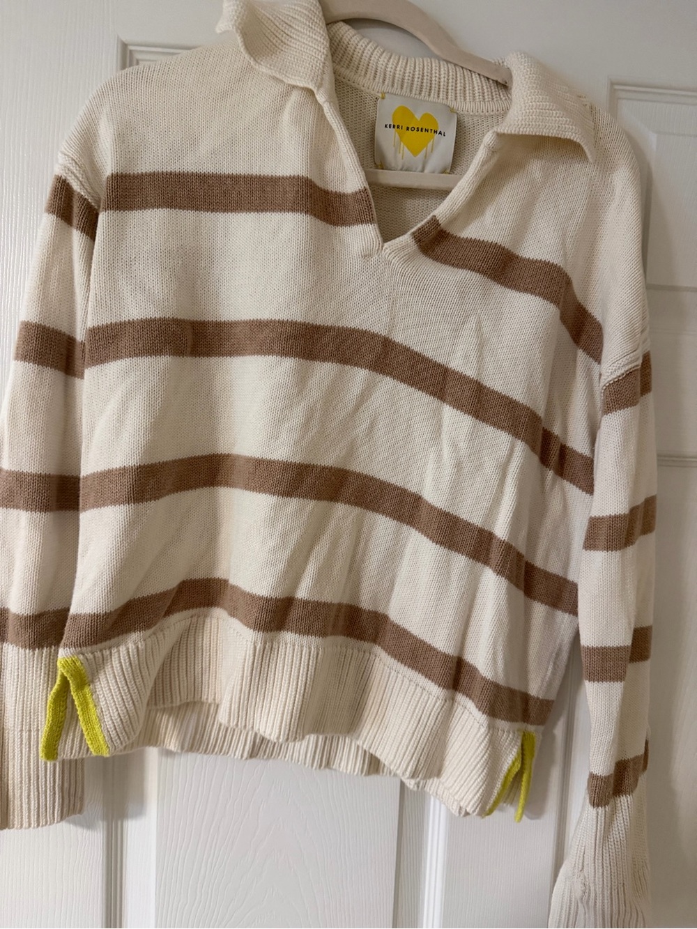 Kerri Rosenthal Cream & Brown Striped Collared V-Neck Sweater